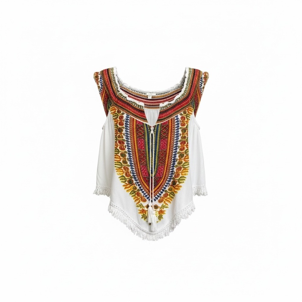 White Dashiki Print Boho Fringe Crop Top‎ Cold Shoulder Smocked Medium
